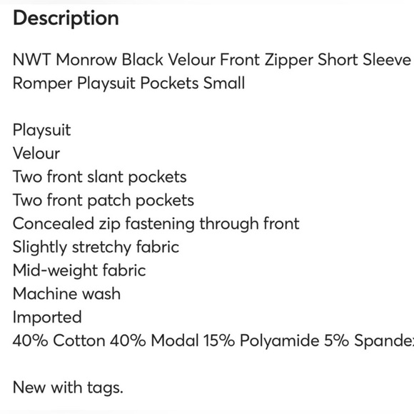 MONROW black velour romper / play suit size Small NWT $175 - Picture 10 of 11